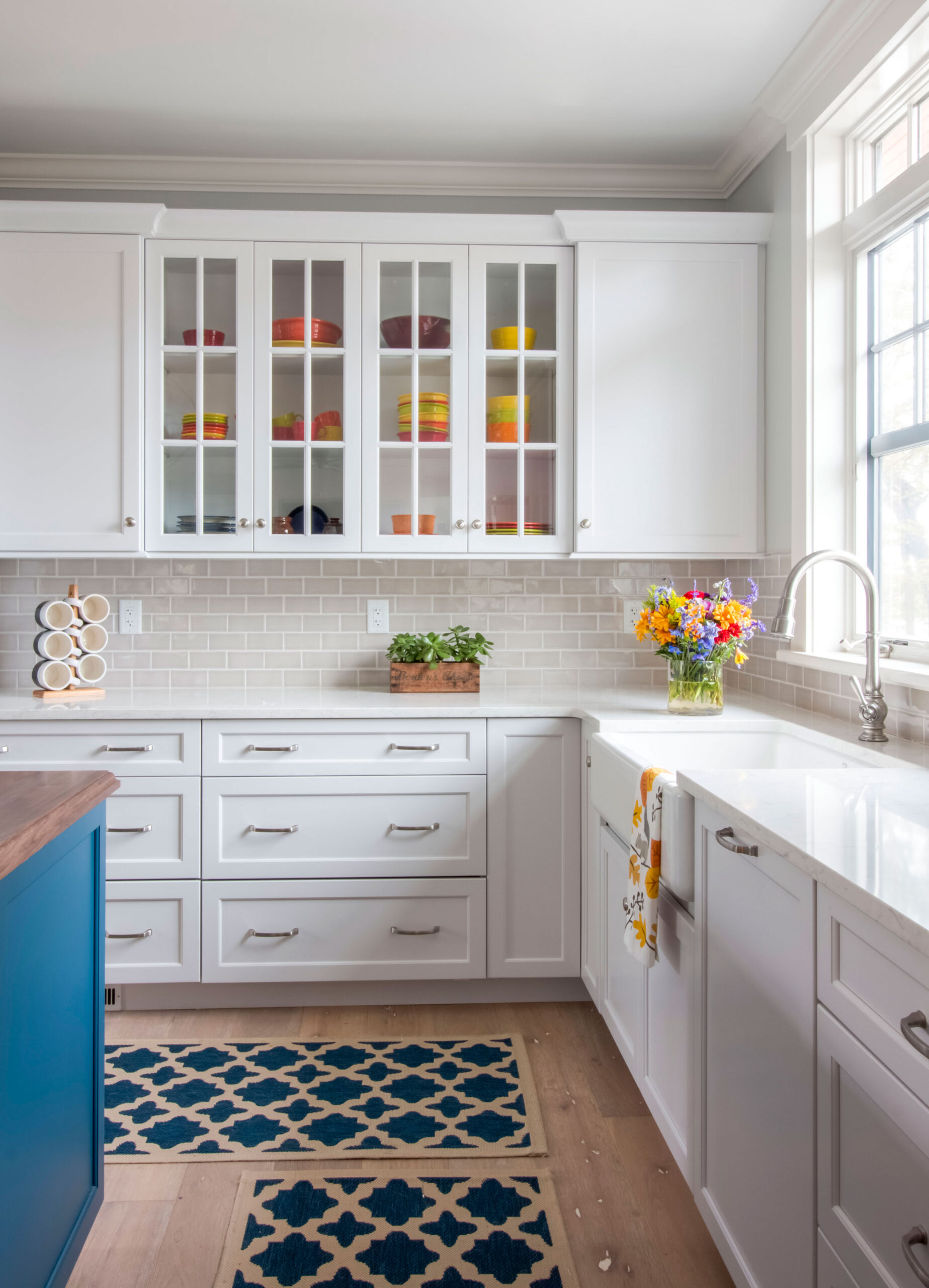 White Kitchen Remodel with a Blue Island by Marlene & Co