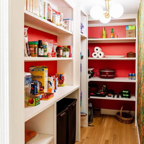 Custom pantry with fun colored paint to brighten the space in a Marlene & Co renovation