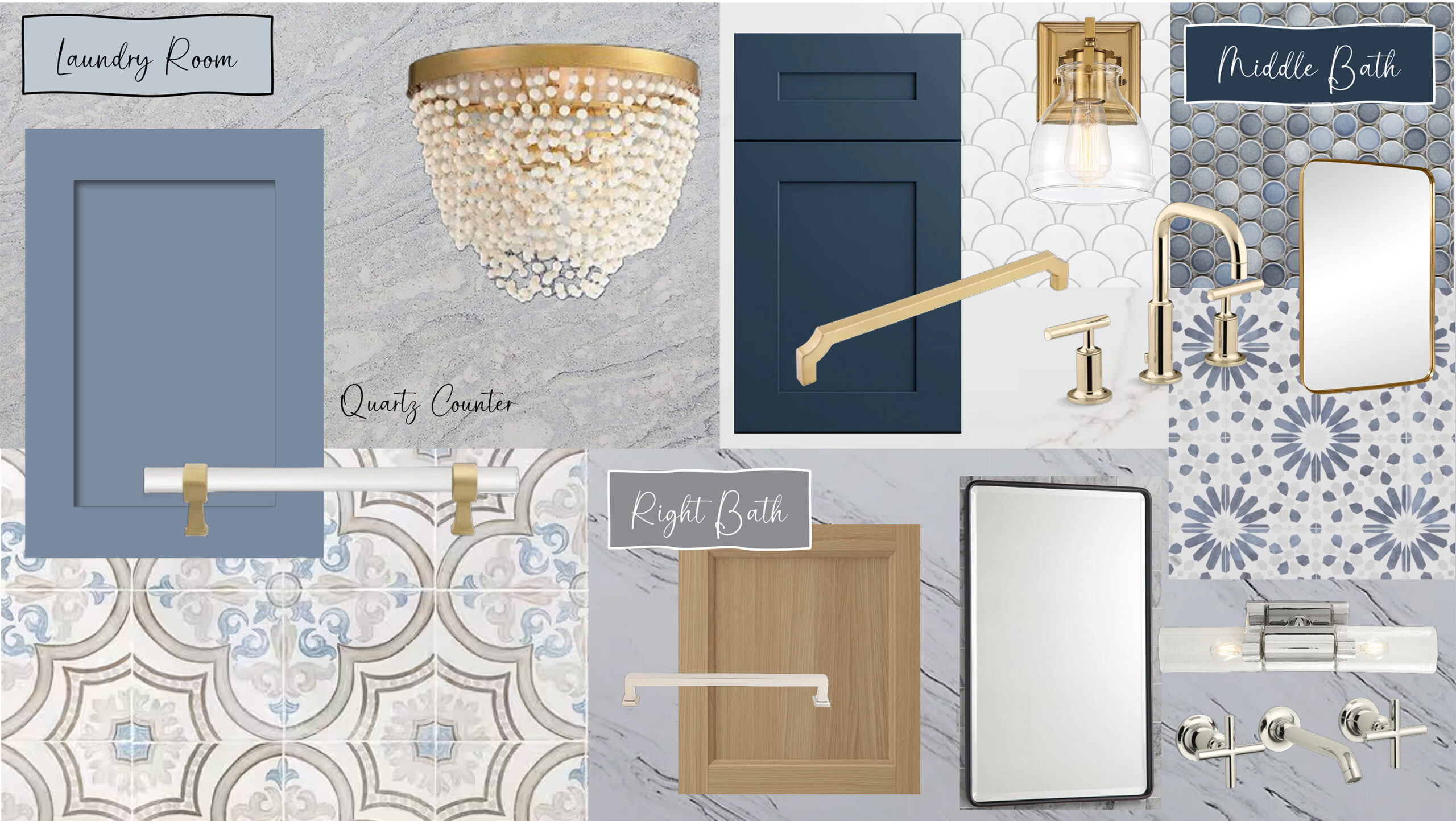 Mood board for an antique and chic laundry room and bathroom renovation