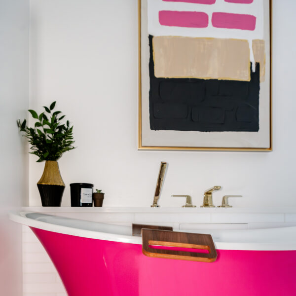 Fuchsia tub in a bathroom remodel by Marlene & Co