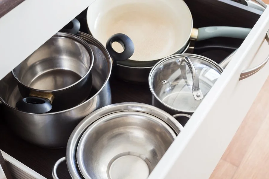 Storage for pots and pans in a kitchen
