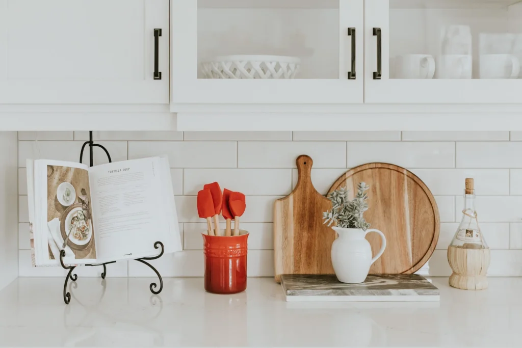 Modern kitchen tile with hand selected grout by Marlene & Co